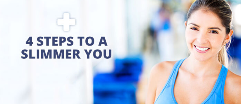 On the right side of the image is a smiling woman wearing a blue activewear top. We can see from her shoulders up. The left side of the image is white with the words 