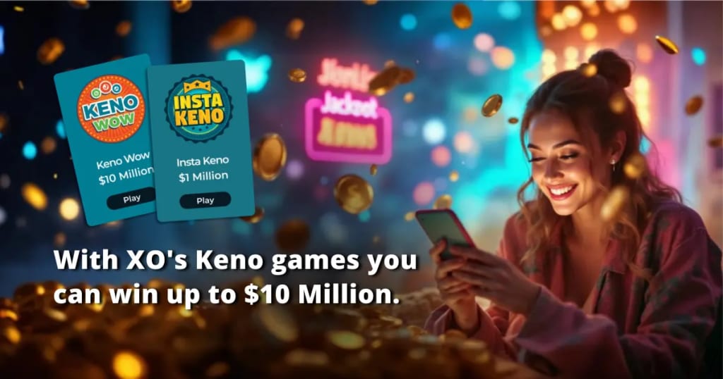 A smiling woman playing Keno games on her smartphone with Keno WOW and InstaKeno cards displayed, promoting jackpots of $10 million and $1 million at XO Lotto.