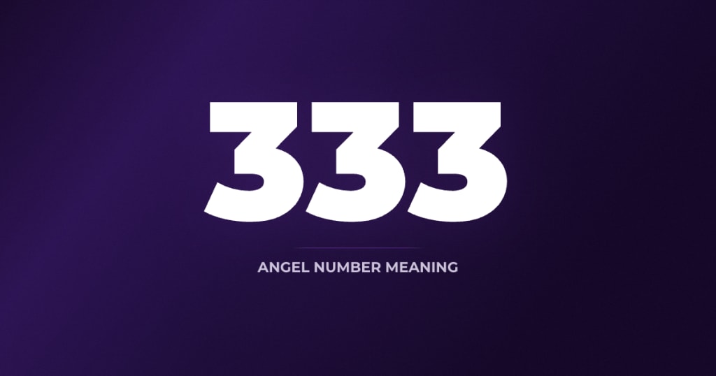 333 angel number meaning — bold 333 typography on deep purple background representing creativity and growth
