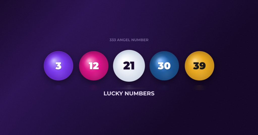 333 angel number lucky numbers — five lottery balls showing numbers 3 12 21 30 39 aligned with numerology