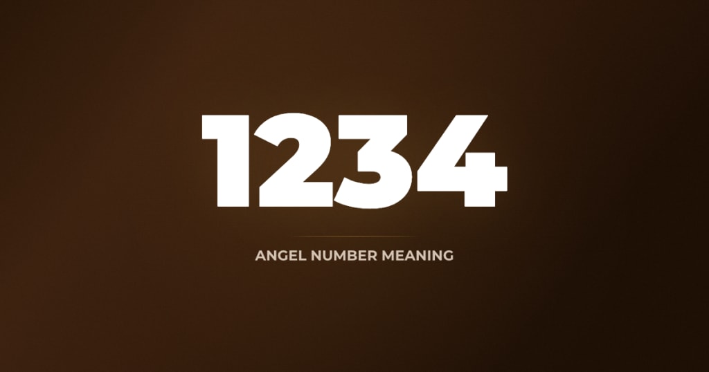 1234 angel number meaning — bold 1234 typography on warm amber background representing progress and growth