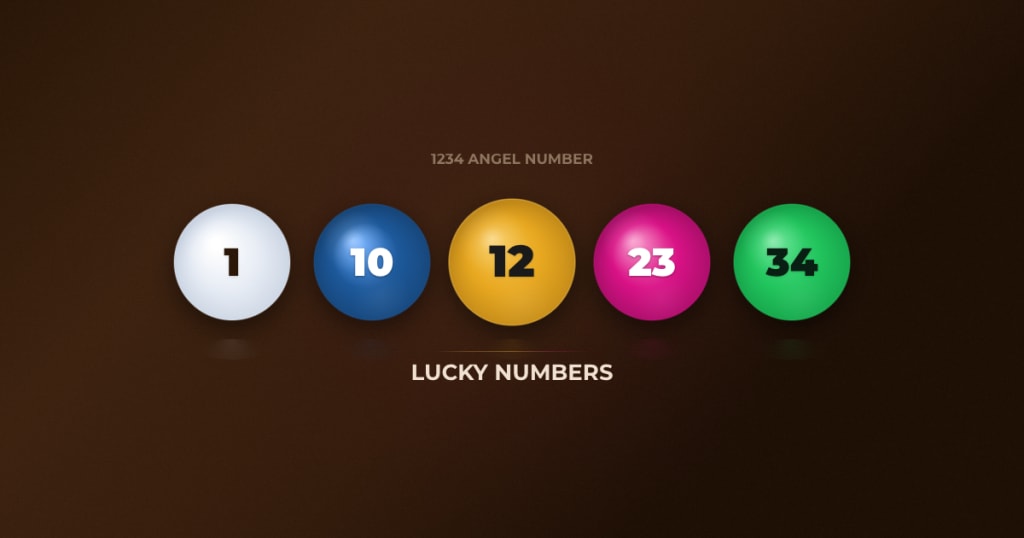 1234 angel number lucky numbers — five lottery balls showing numbers 1 10 12 23 34 aligned with numerology