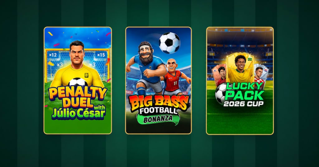 Three World Cup football games featuring Penalty Duel, Big Bass Football, and Lucky Pack