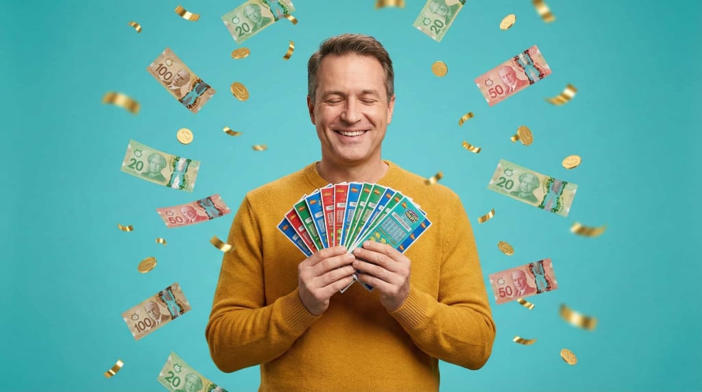 Edmonton lottery winner celebrating with colorful scratch tickets and gold confetti against teal background