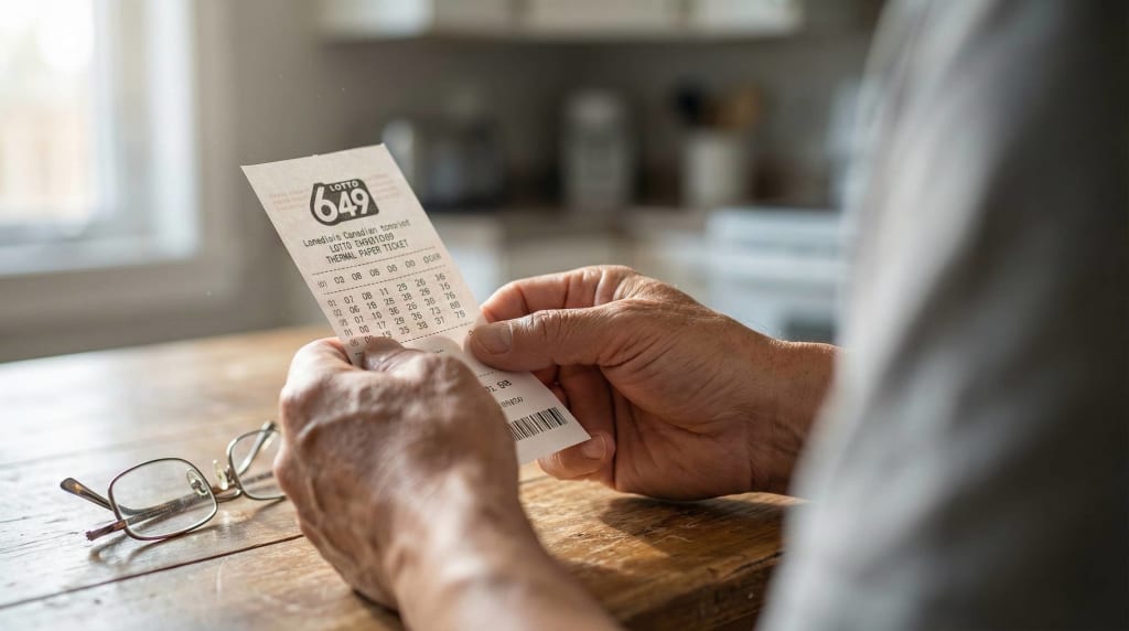 Lotto 649 Edmonton winner carefully checking lottery ticket numbers at home