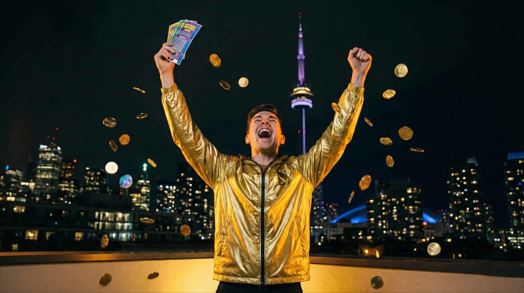 Where was Lotto Max won — Canadian man celebrating with lottery tickets and gold coins on teal background