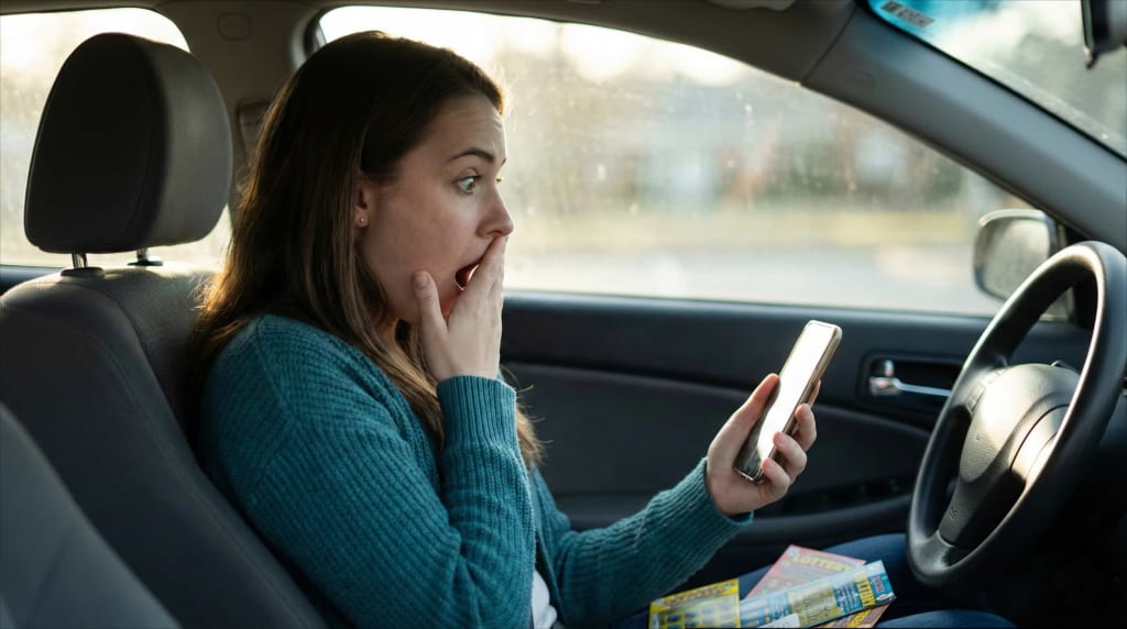 OLG winners checking lottery results on smartphone with shocked excited expression