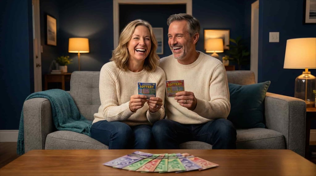 OLG winners checking lottery results on smartphone with shocked excited expression