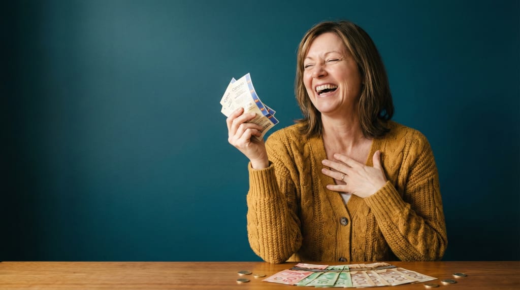 Canadian Powerball winner genuine celebration reaction holding lottery tickets at home