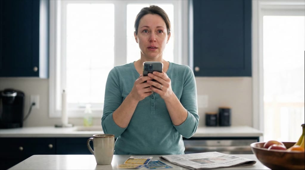 Lotto Max winners moment — woman checking smartphone with authentic surprised expression