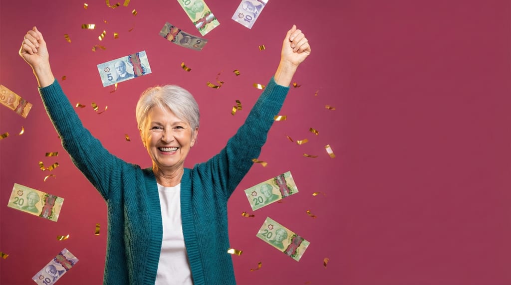 Bingo jackpot Canada — excited senior woman celebrating win with Canadian money and gold confetti