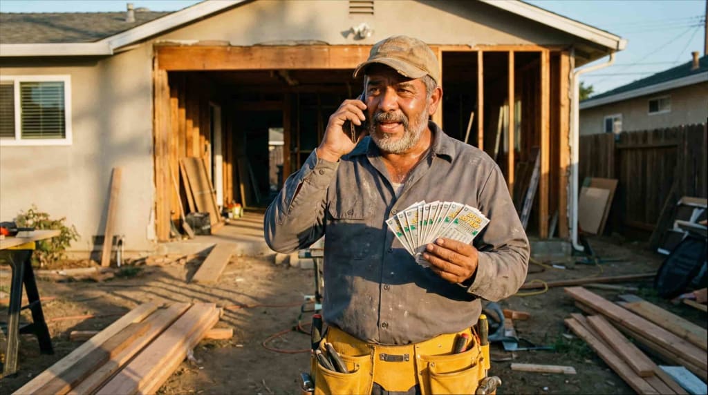 Powerball winners moment construction worker on phone holding lottery tickets at job site golden hour