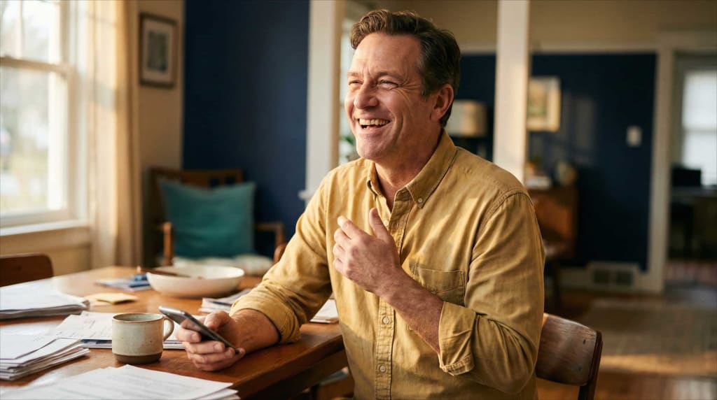 EuroMillions winner reaction — genuine laughter with hand at heart after checking jackpot results