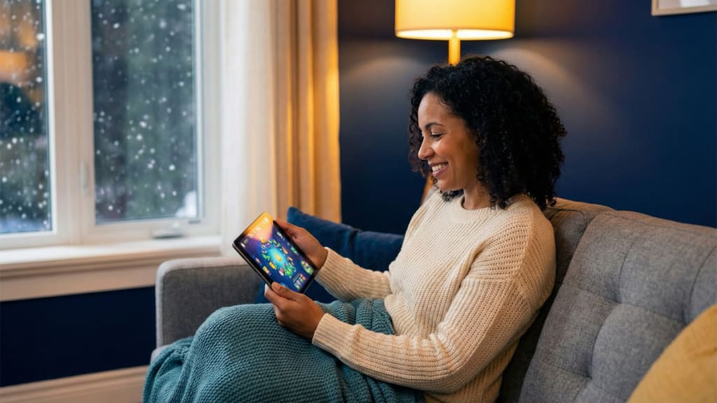 virtual scratch cards on tablet as woman plays from her couch at home