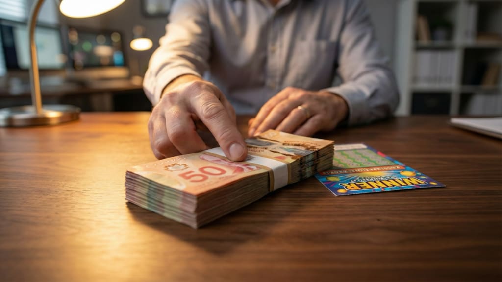 Hands receiving thick envelope of Canadian cash across desk with lottery ticket