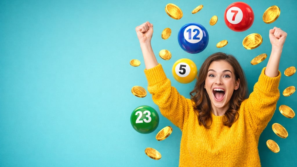 Best bingo sites in Canada — woman celebrating with colourful bingo balls and gold coins on teal background