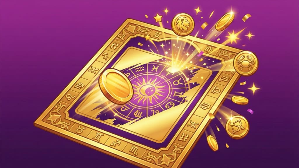 Golden zodiac scratch card being scratched by coin revealing zodiac wheel jackpot with Leo Cancer and Sagittarius coins flying out