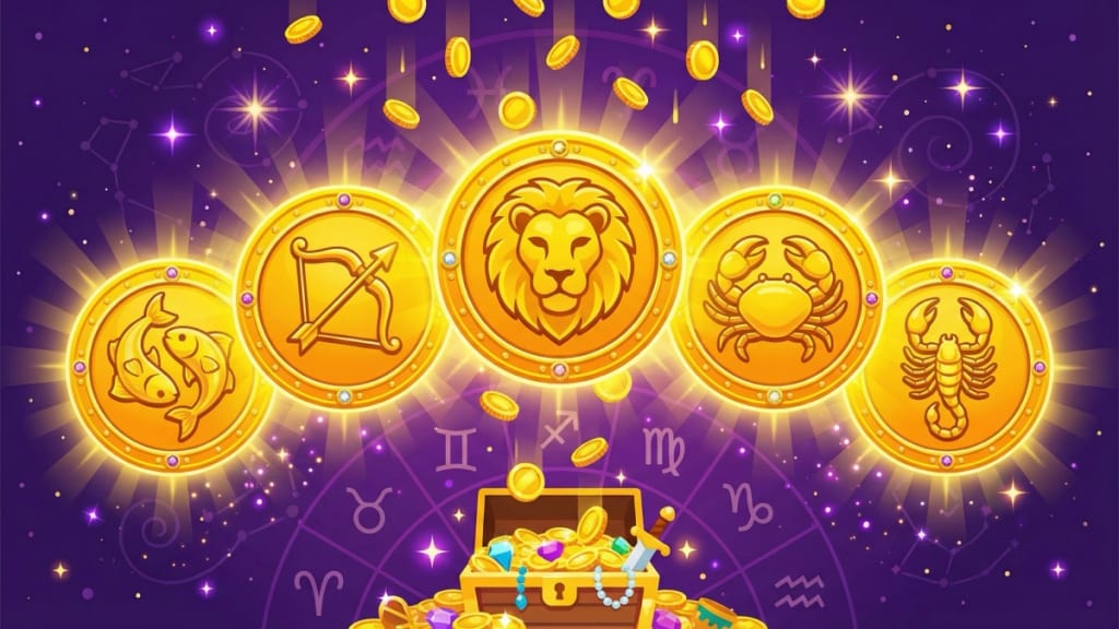 Lucky zodiac signs 2026 top five winners Pisces Sagittarius Leo Cancer and Scorpio as golden medallions with treasure chest