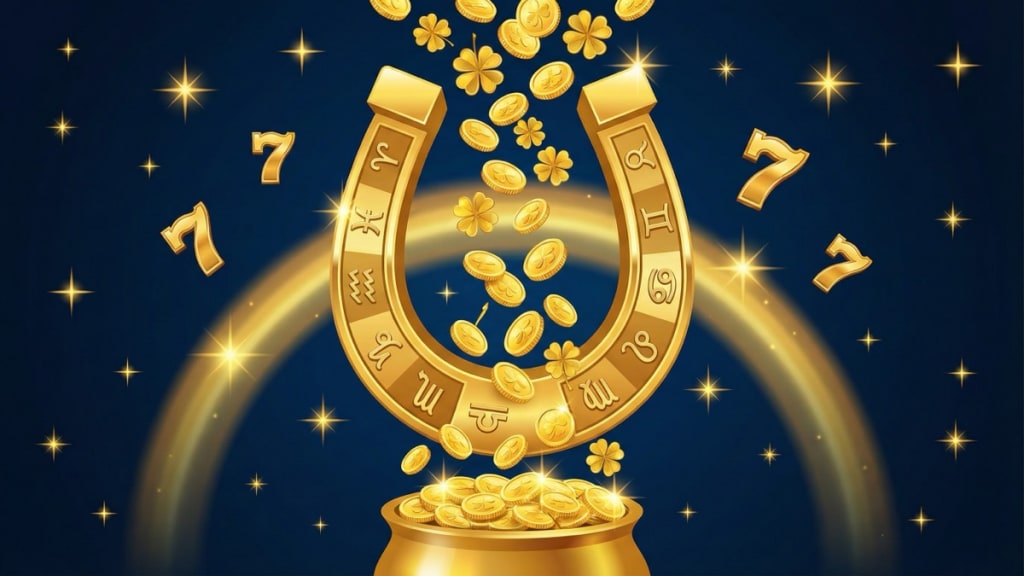 Golden horseshoe with zodiac symbols and lucky number sevens with pot of gold coins and four leaf clovers on navy blue background
