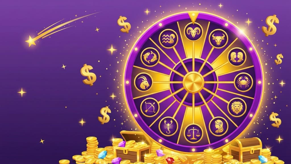 Zodiac fortune wheel with all 12 astrological signs and treasure chests with gold coins and dollar signs on purple background