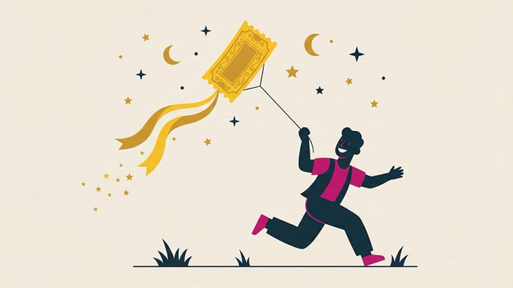 Person running with golden lottery ticket kite under stars and moons