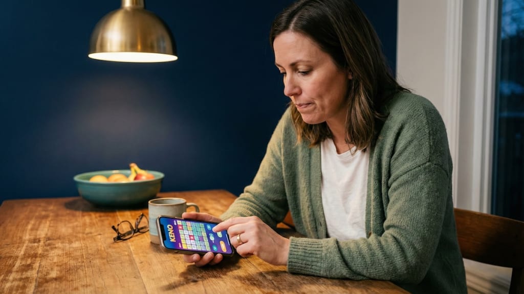 Canadian player selecting numbers on phone screen with focused concentration