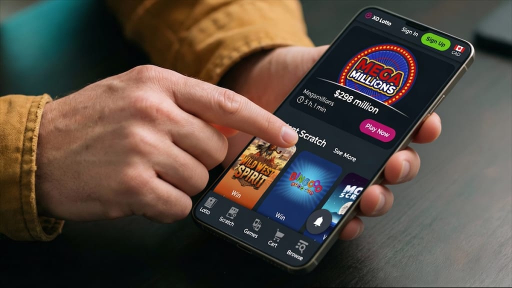 US Mega Millions on XO Lotto mobile app showing $298 million jackpot with Canadian player ready to tap Play Now