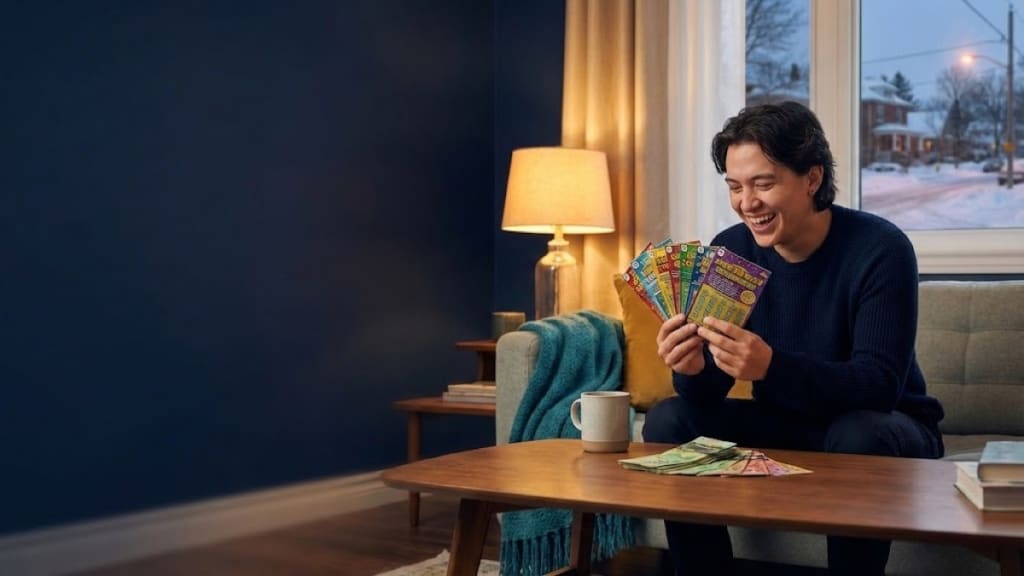 Scratch cards Canada — player holding multiple colorful scratch ticket games showing variety of options