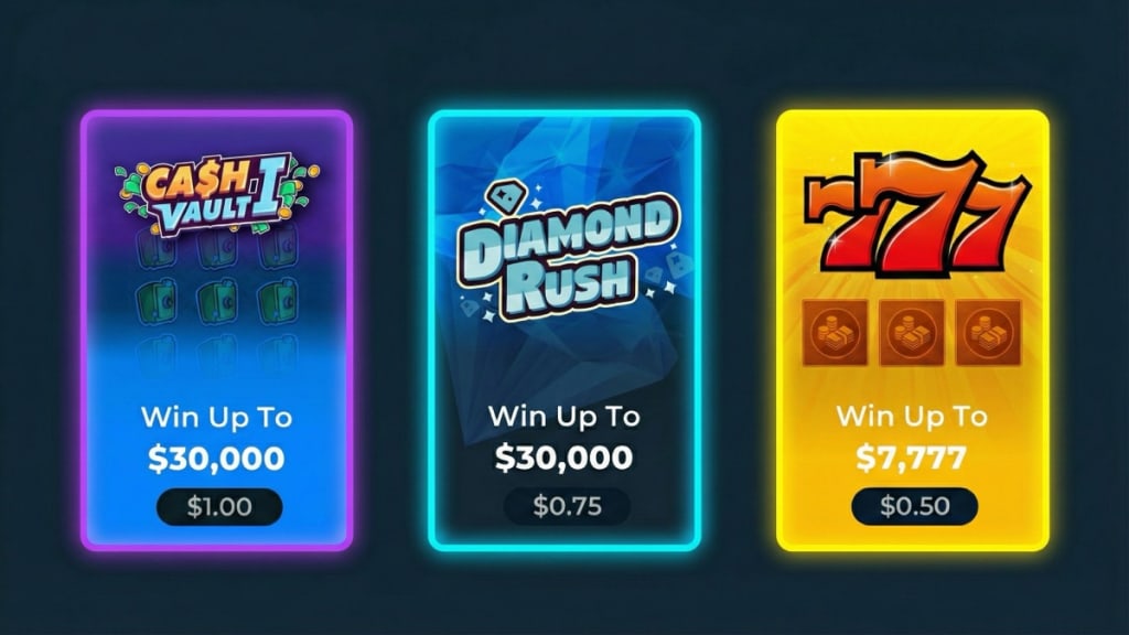 Best scratch cards Canada — Cash Vault I, Diamond Rush, and 777 games with prize amounts and bet sizes