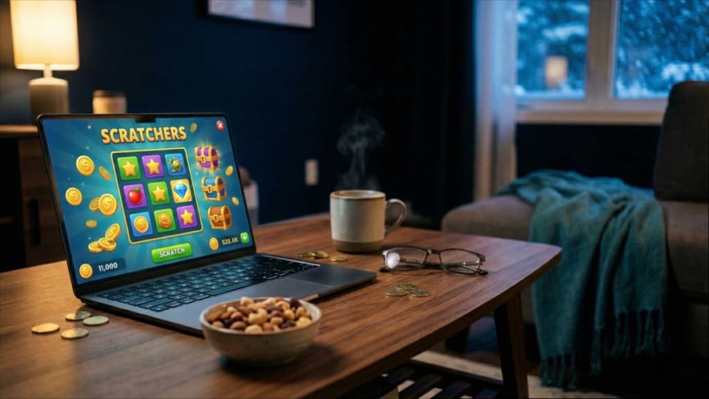 Online scratch tickets Canada — laptop displaying scratch card game in cozy Canadian living room