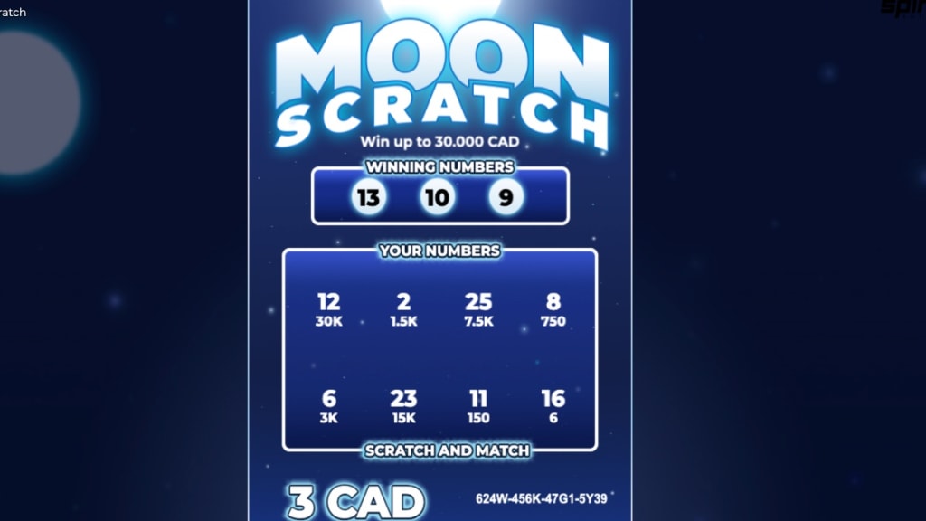 Moon Scratch card from Spinmatic at XO Lotto with $30,000 CAD top prize and cosmic lunar theme