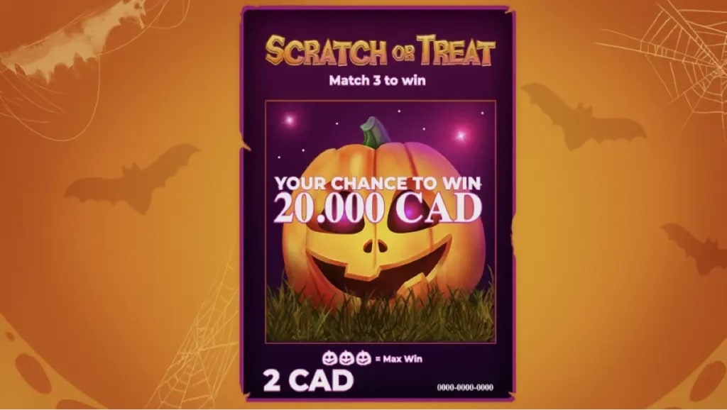 Scratch or Treat Halloween-themed scratch card from Hacksaw Gaming with $20,000 CAD top prize