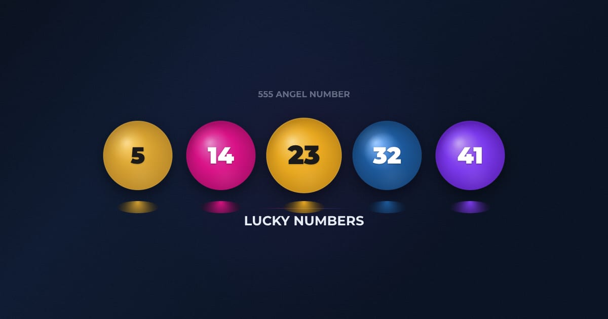 555 angel number lucky numbers — five lottery balls showing numbers 5 14 23 32 41 aligned with numerology