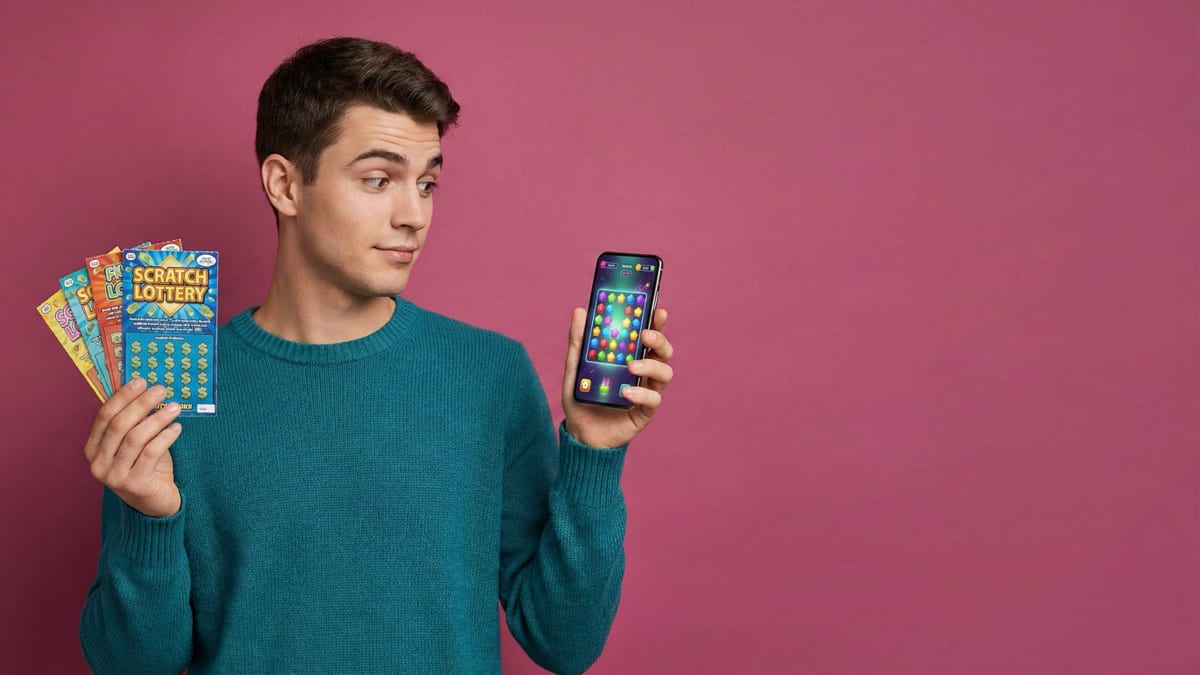 Virtual scratch cards article image with man holding paper scratch tickets for comparison