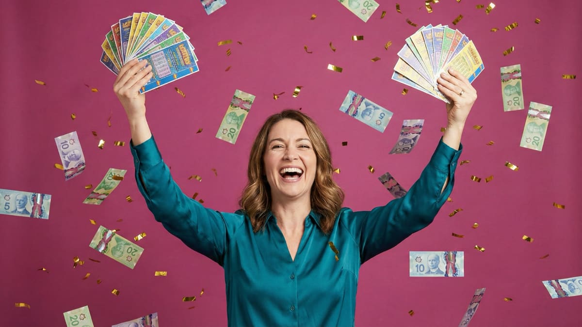 Ontario Lotto Max winners celebrating with raised arms holding lottery tickets and falling Canadian money