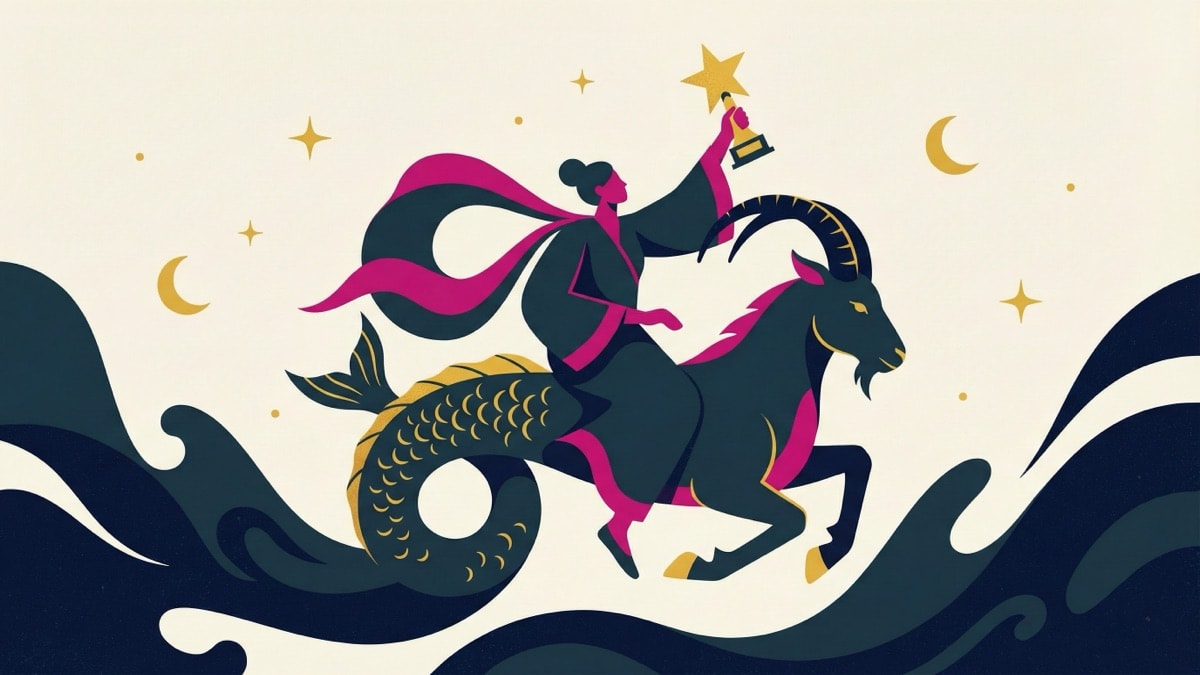 Capricorn sea-goat zodiac symbol with rider reaching for star
