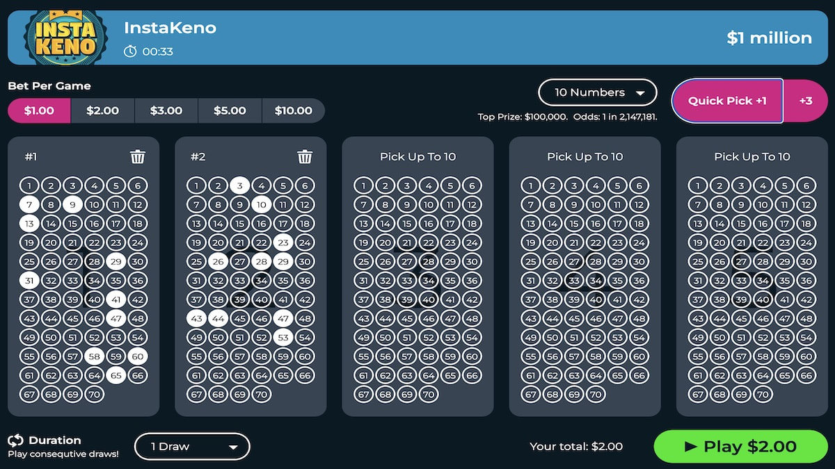 InstaKeno game interface at XO Lotto showing 70-number grid, spot selection, and $1 million jackpot display