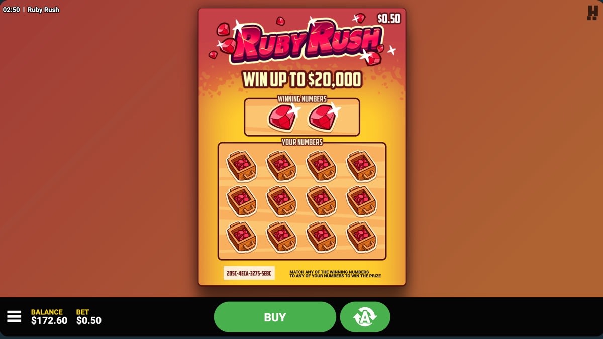Online scratch cards Canada — Ruby Rush game interface showing $0.50 bet and $20,000 max win