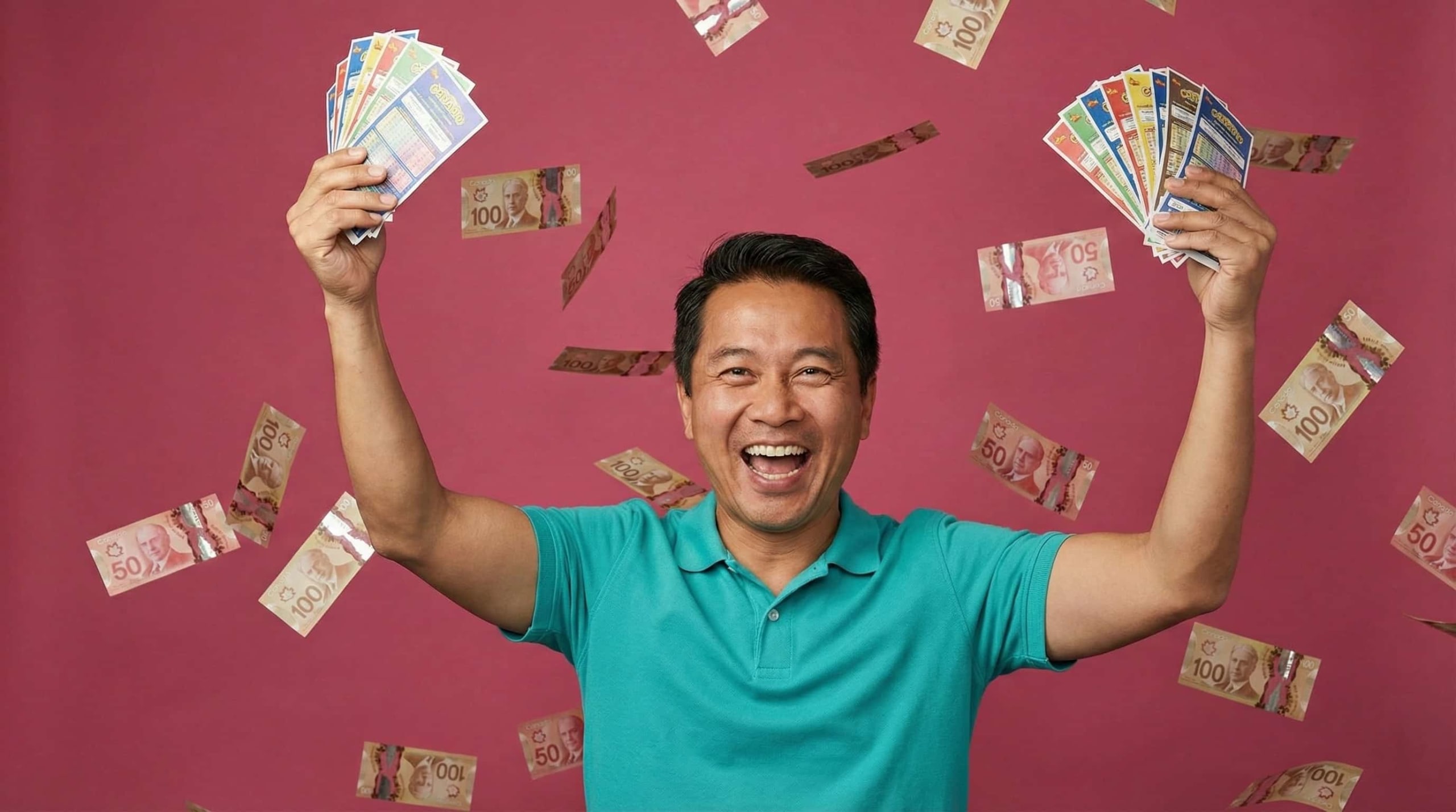 Lotto Max winner Edmonton resident holding winning ticket with Canadian dollar bills nearby
