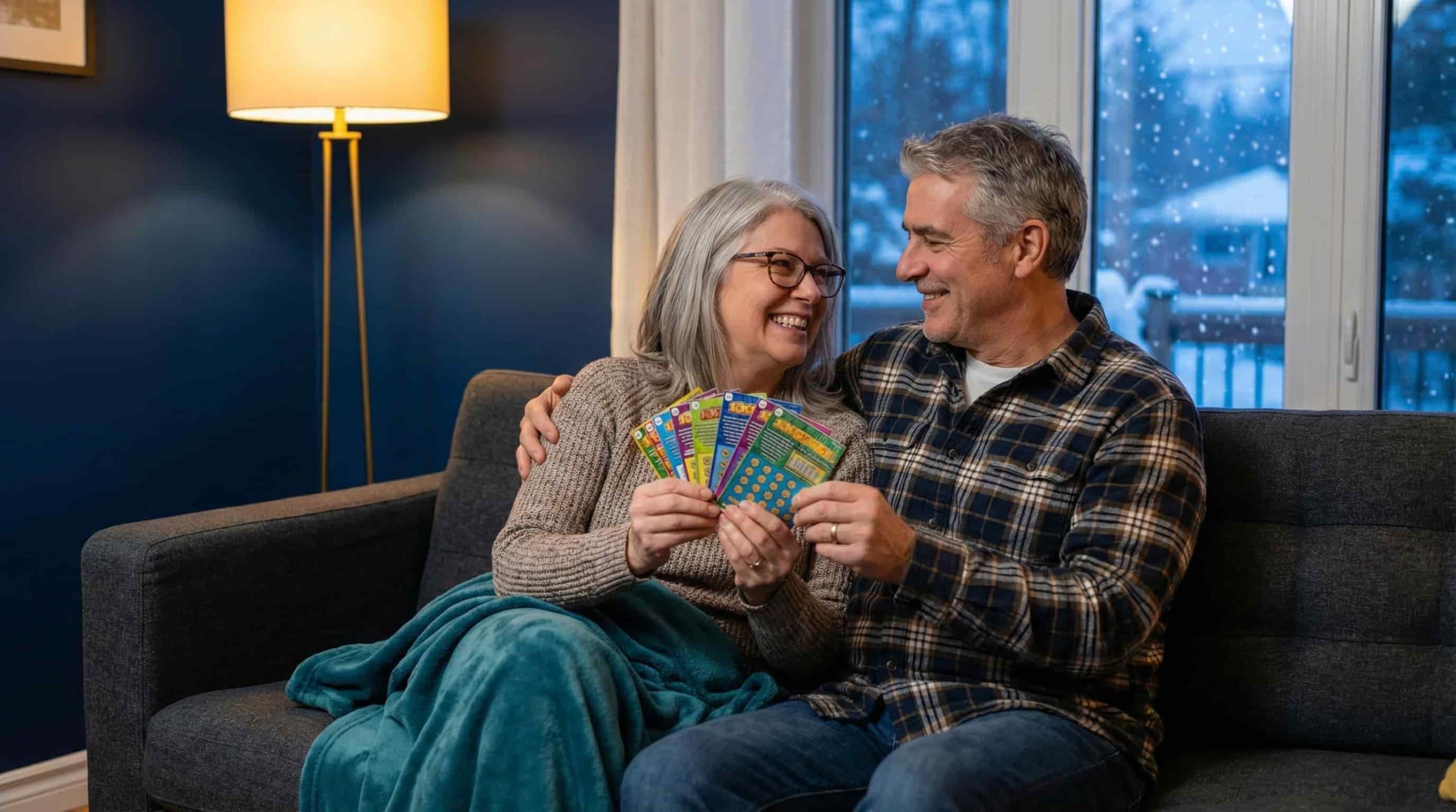 Alberta lottery winners couple holding lottery tickets together with joyful expressions