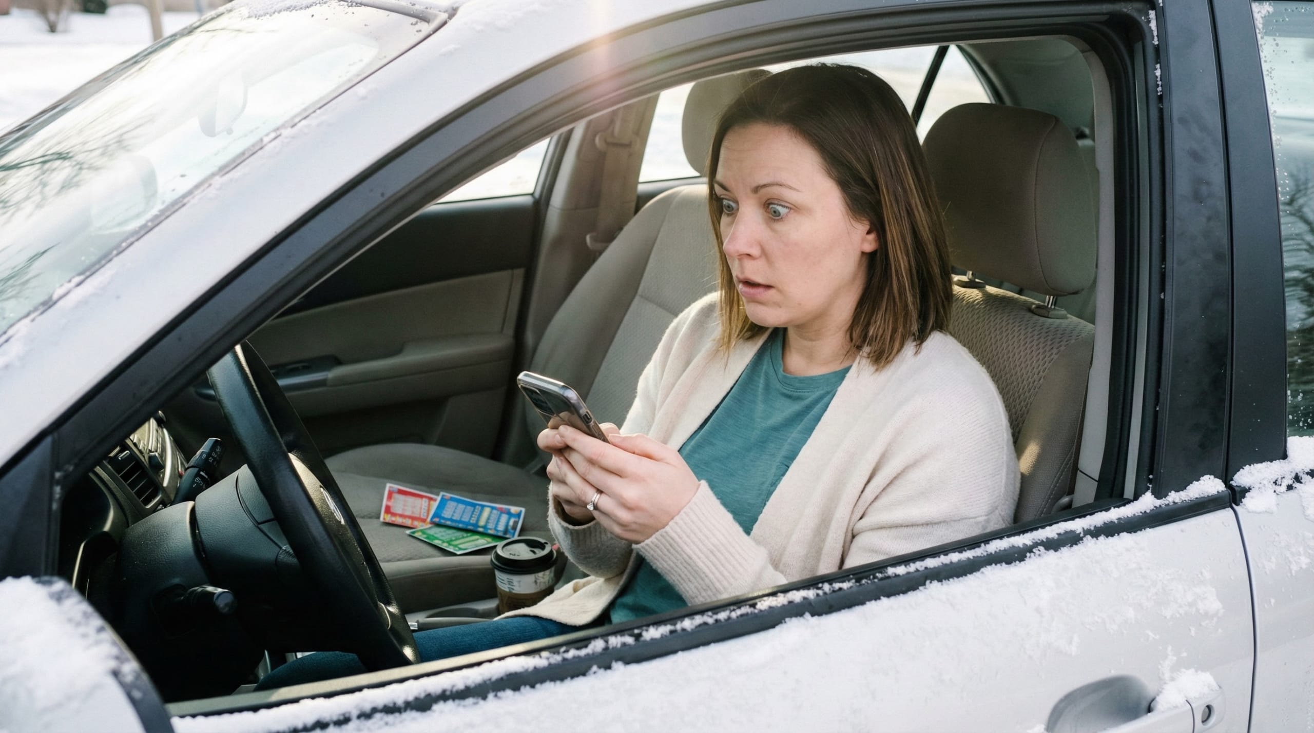 Powerball jackpot check in car Canadian player discovering winning numbers on phone