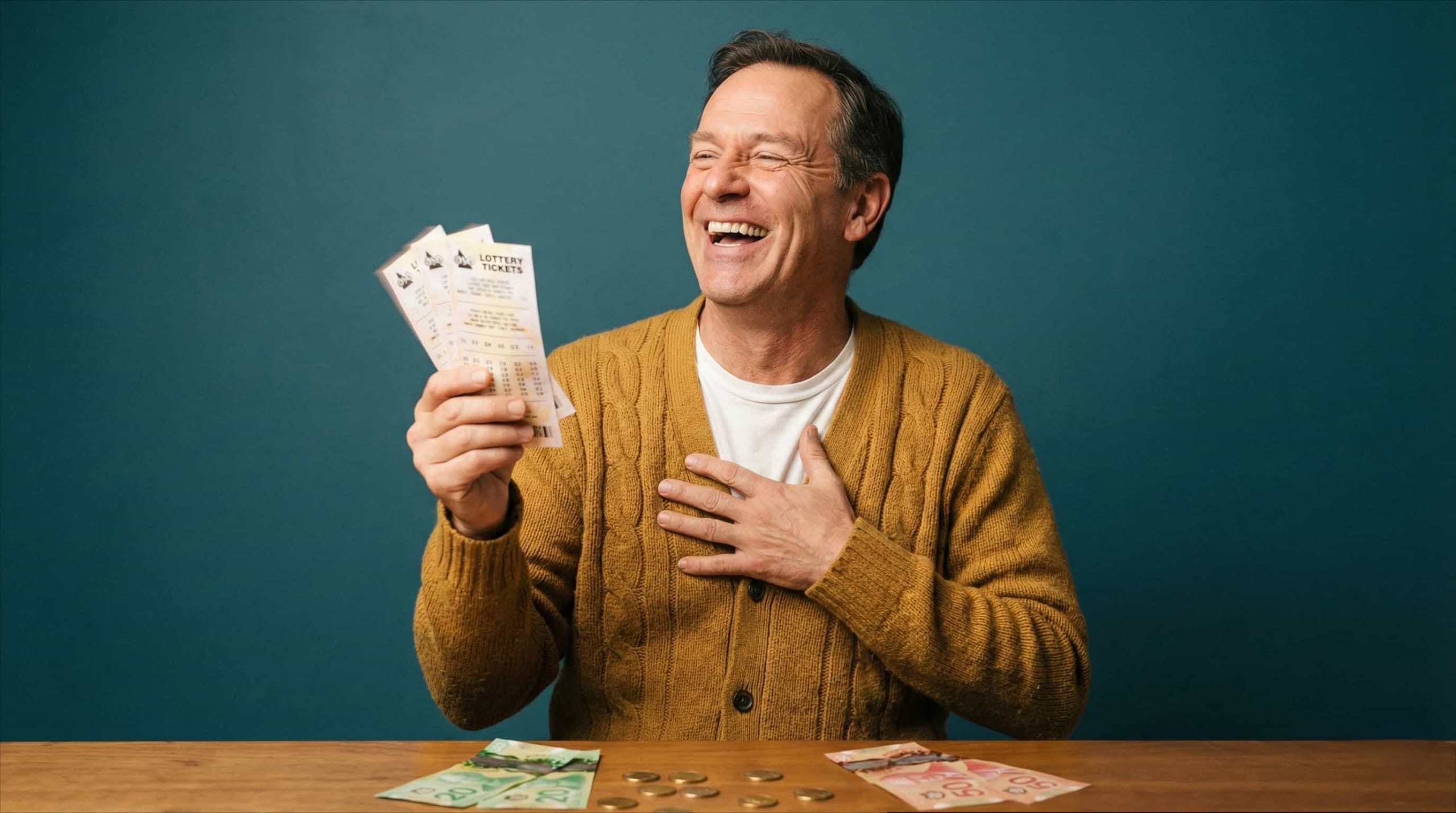 Canada lottery winners play online — laptop on coffee table with lottery tickets and CAD bills
