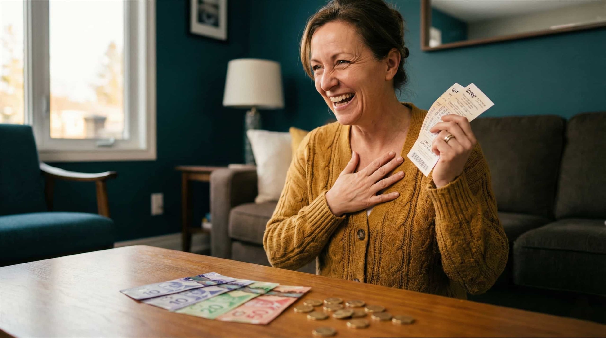 What happens if Canadian wins Powerball — authentic celebration moment with lottery tickets