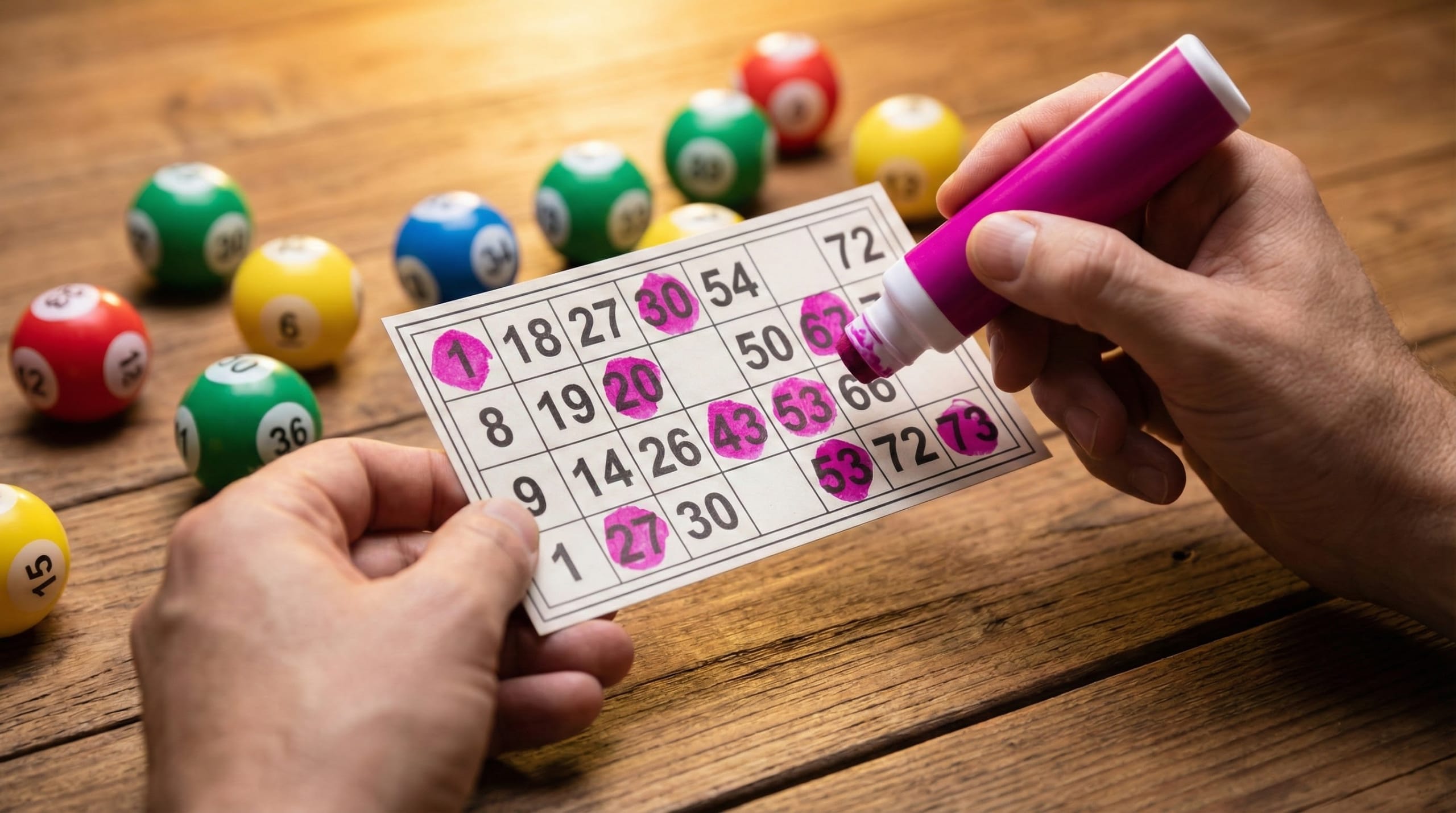 90-ball bingo Canada — close-up hands holding bingo card with coloured dauber and numbered balls