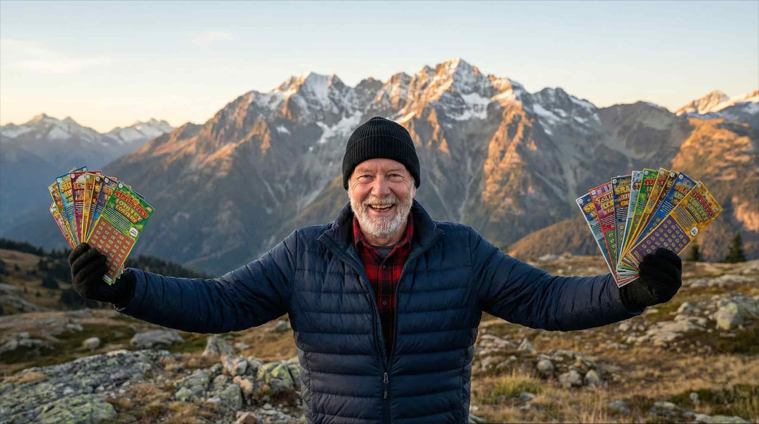 Powerball winners Canadian man celebrating with lottery tickets in Rocky Mountains at sunset