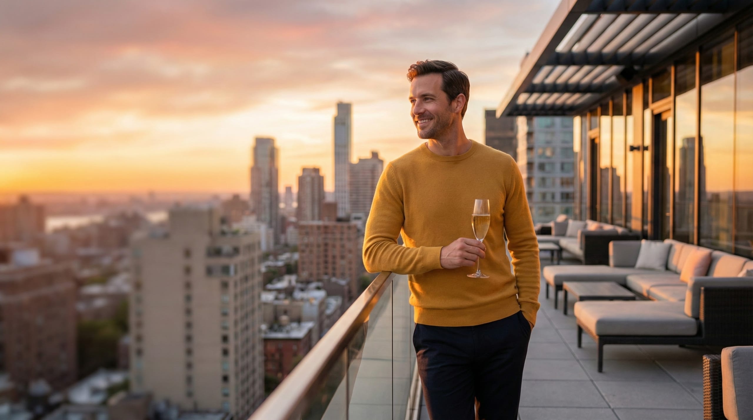 Biggest powerball jackpot winner enjoying luxury rooftop terrace with champagne at sunset