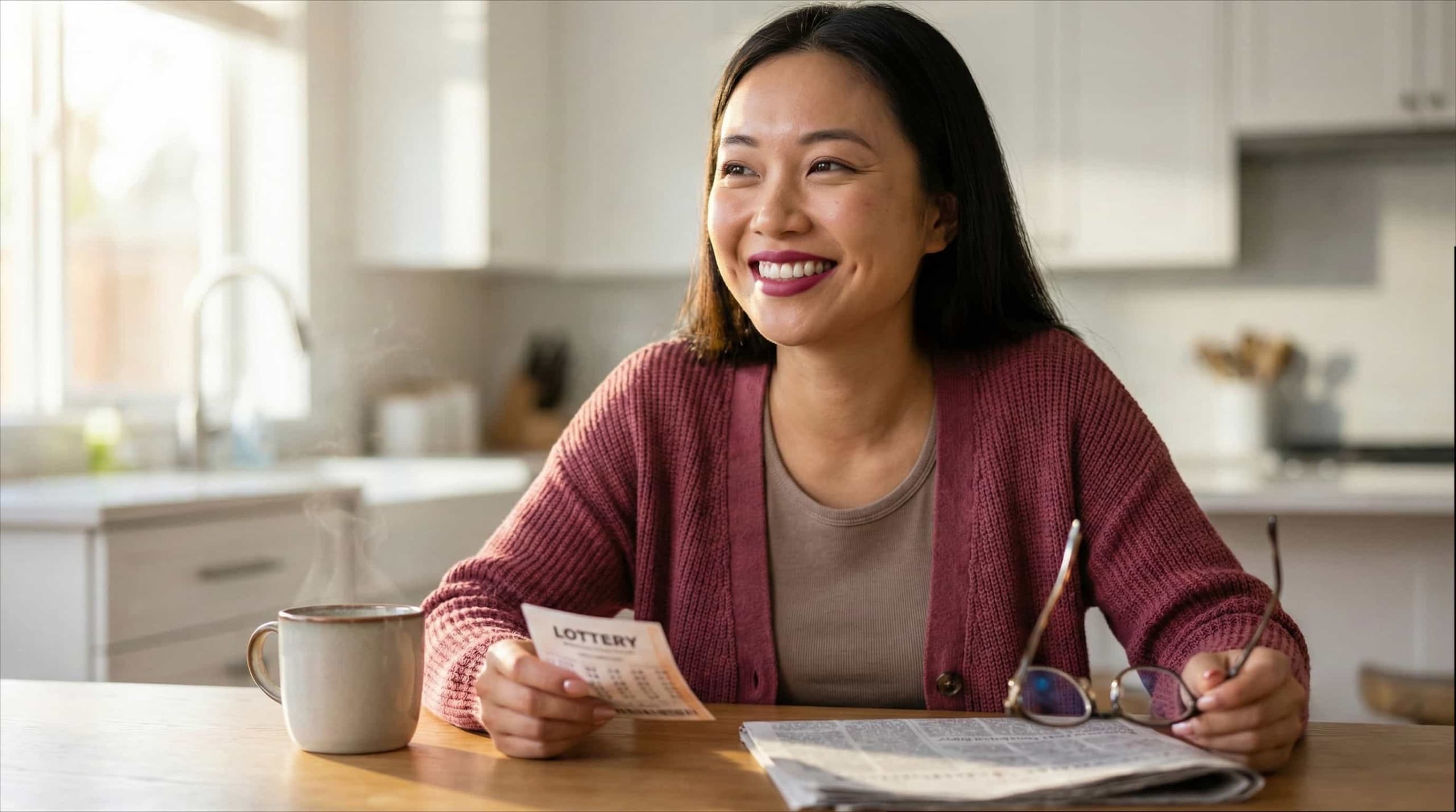 Canadian woman smiling while checking lottery ticket at home — playing scratch cards online from kitchen table