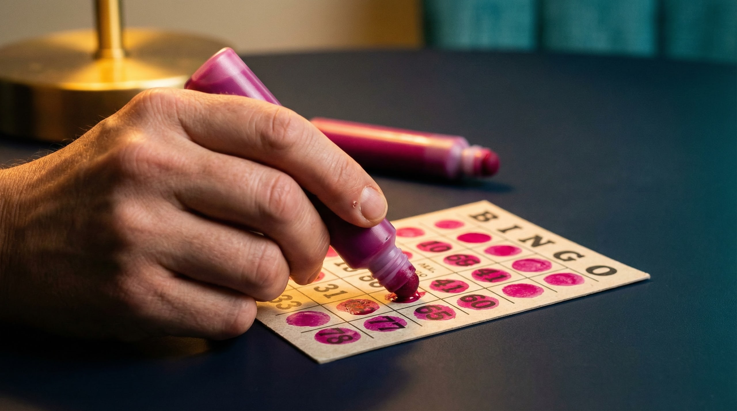 Close-up of hand dabbing bingo card with magenta dauber showing near-blackout pattern