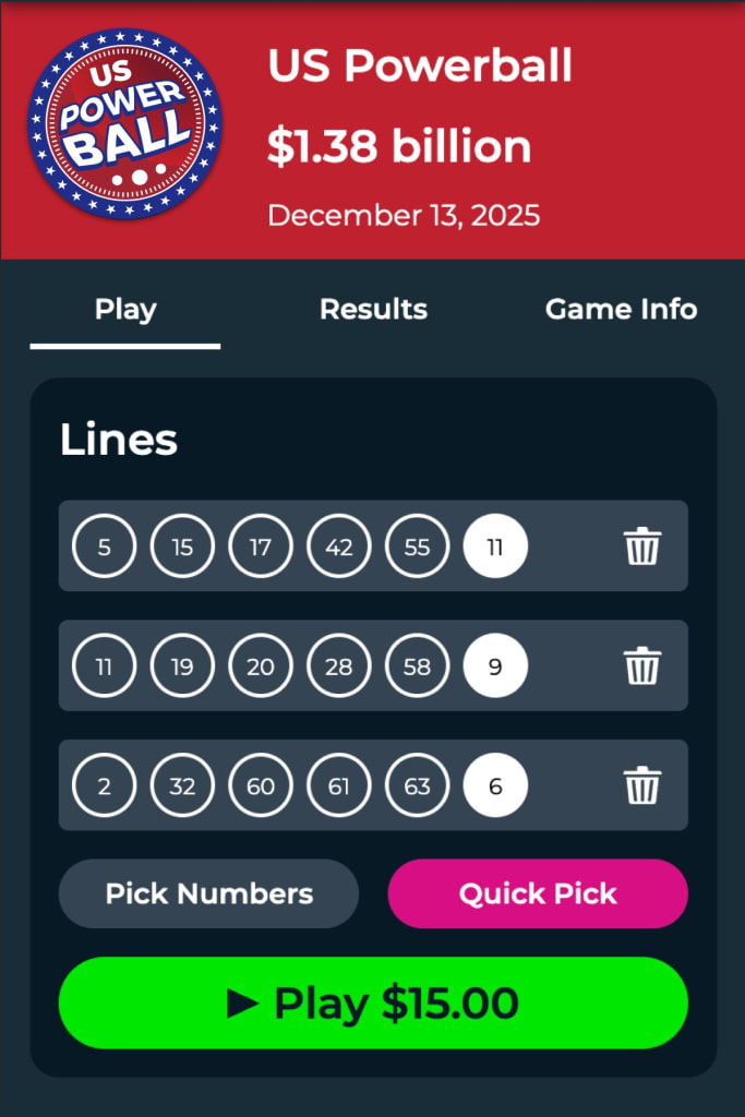 Powerball Canada ticket purchase screen on XO Lotto showing $1.38 billion CAD jackpot with selected lottery numbers and Play button