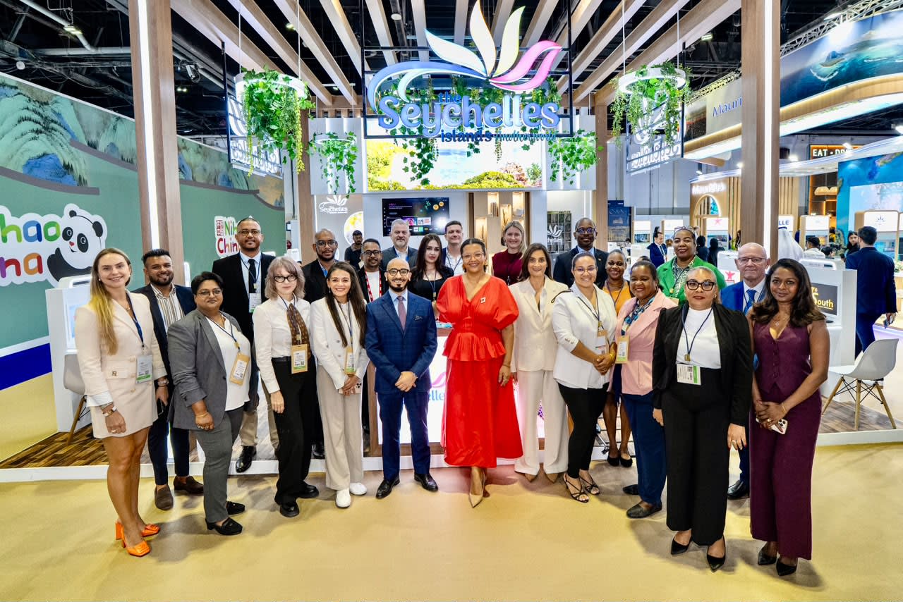 Group photo from Day 1 at the Arabian Travel Market (ATM) 2026 in Dubai. The delegation is led by the Minister for Tourism and Culture, Mrs Amanda Bernstein, and includes Seychelles Tourism Board (STB) Chief Executive Officer Vesna Rakic and STB Marketing Executive Christina Cecile, alongside representatives from the tourism trade.
